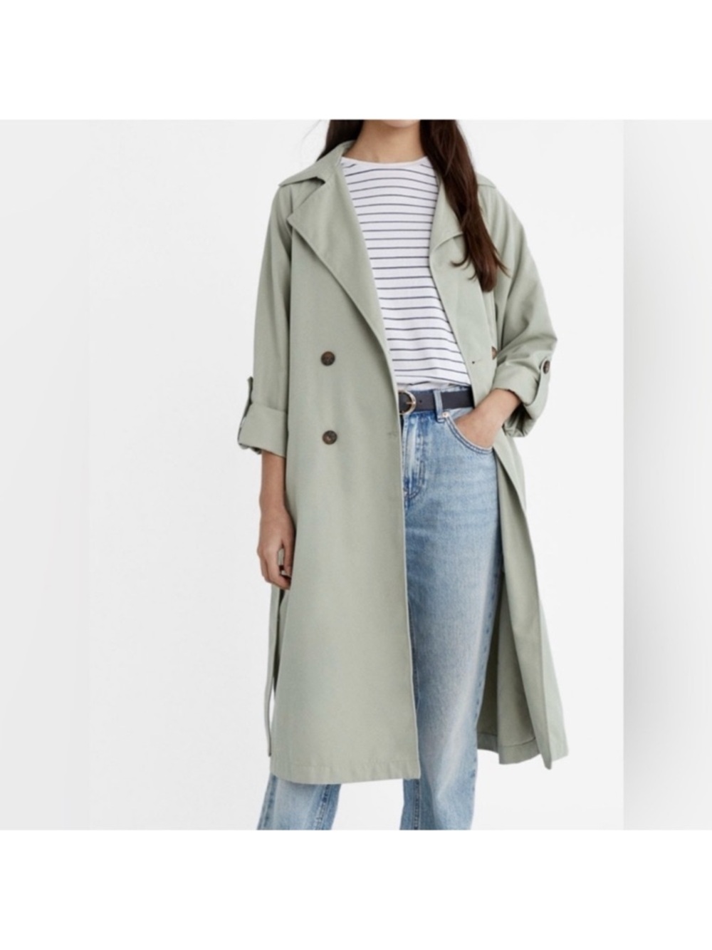 stradivarius Sage Green Double-Breasted Trench Coat